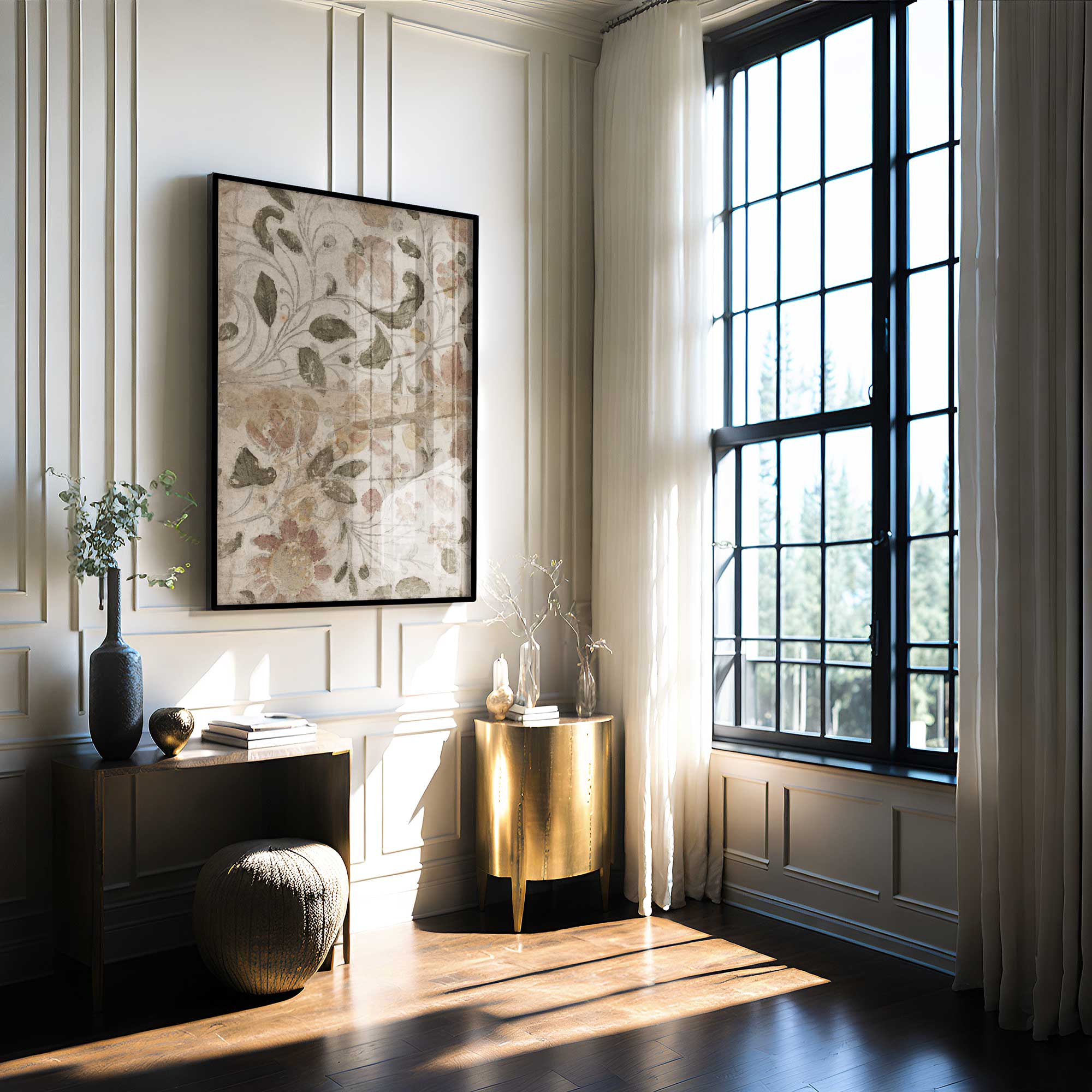 Modern interior with a desk, floral pattern print, decorative items, and large window.