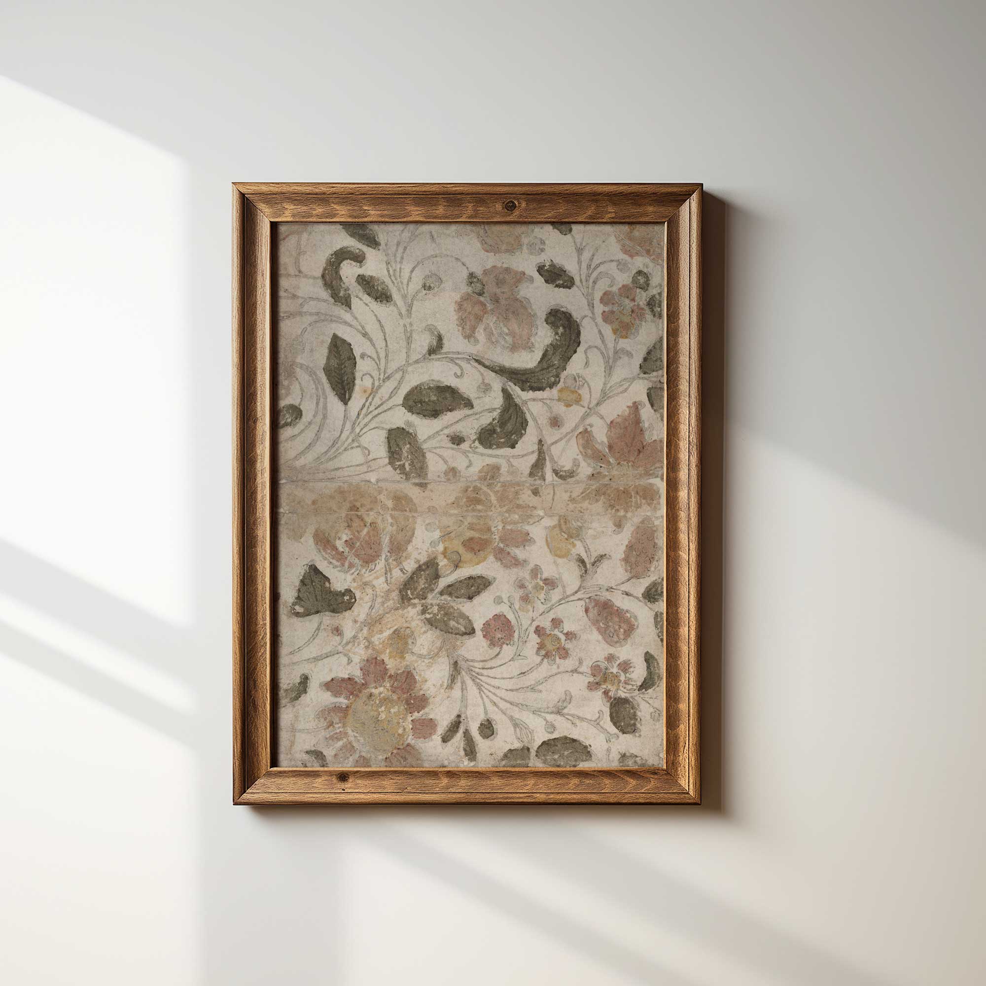 Framed floral Vintage Floral Textile Design artwork on a white wall