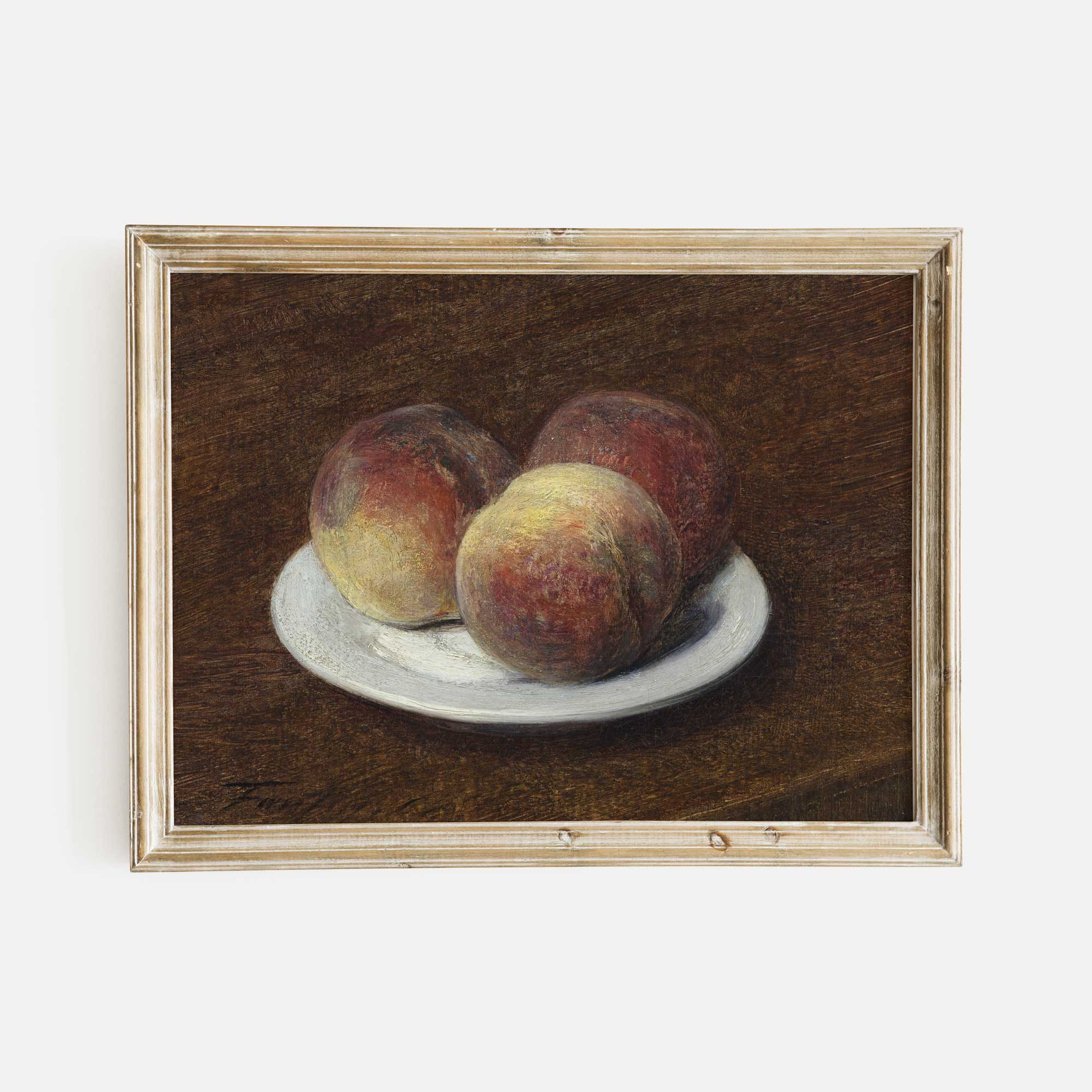 Framed painting of peaches on a plate against a dark background