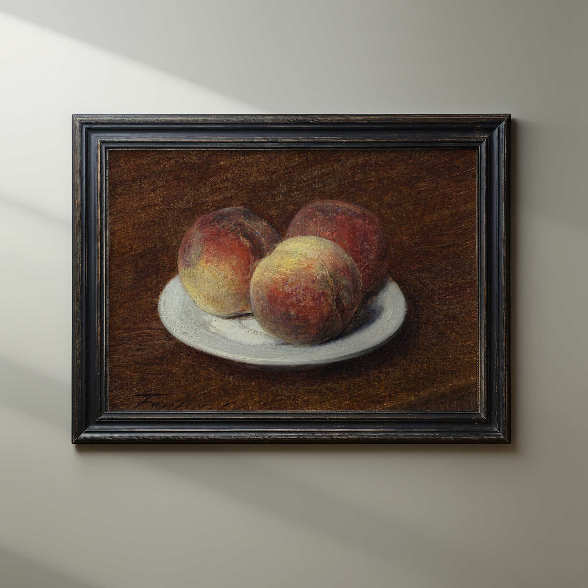 Framed painting of peaches on a plate against a neutral wall