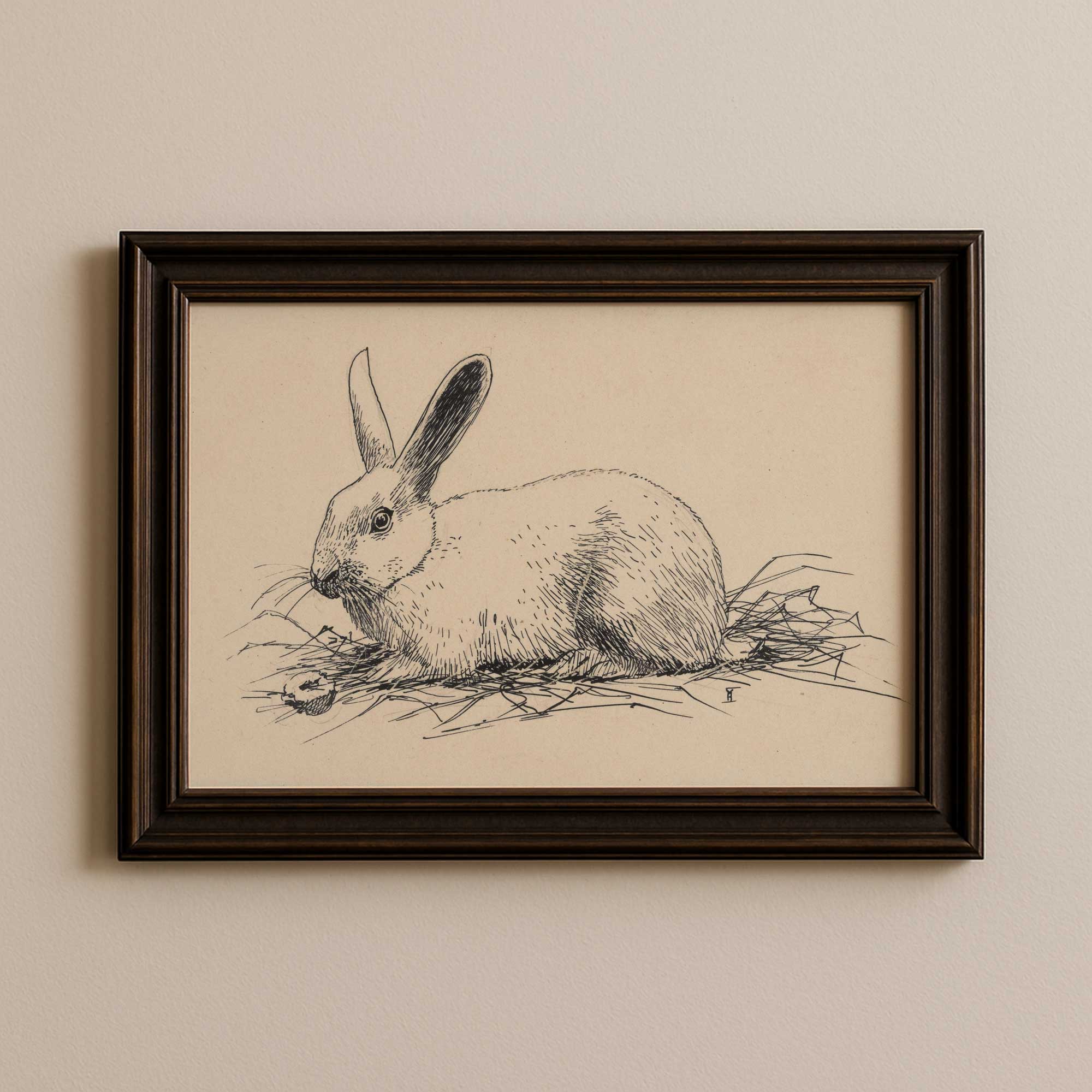 Vintage rabbit sketch print in dark wood frame on wall, antique hare pen and ink illustration