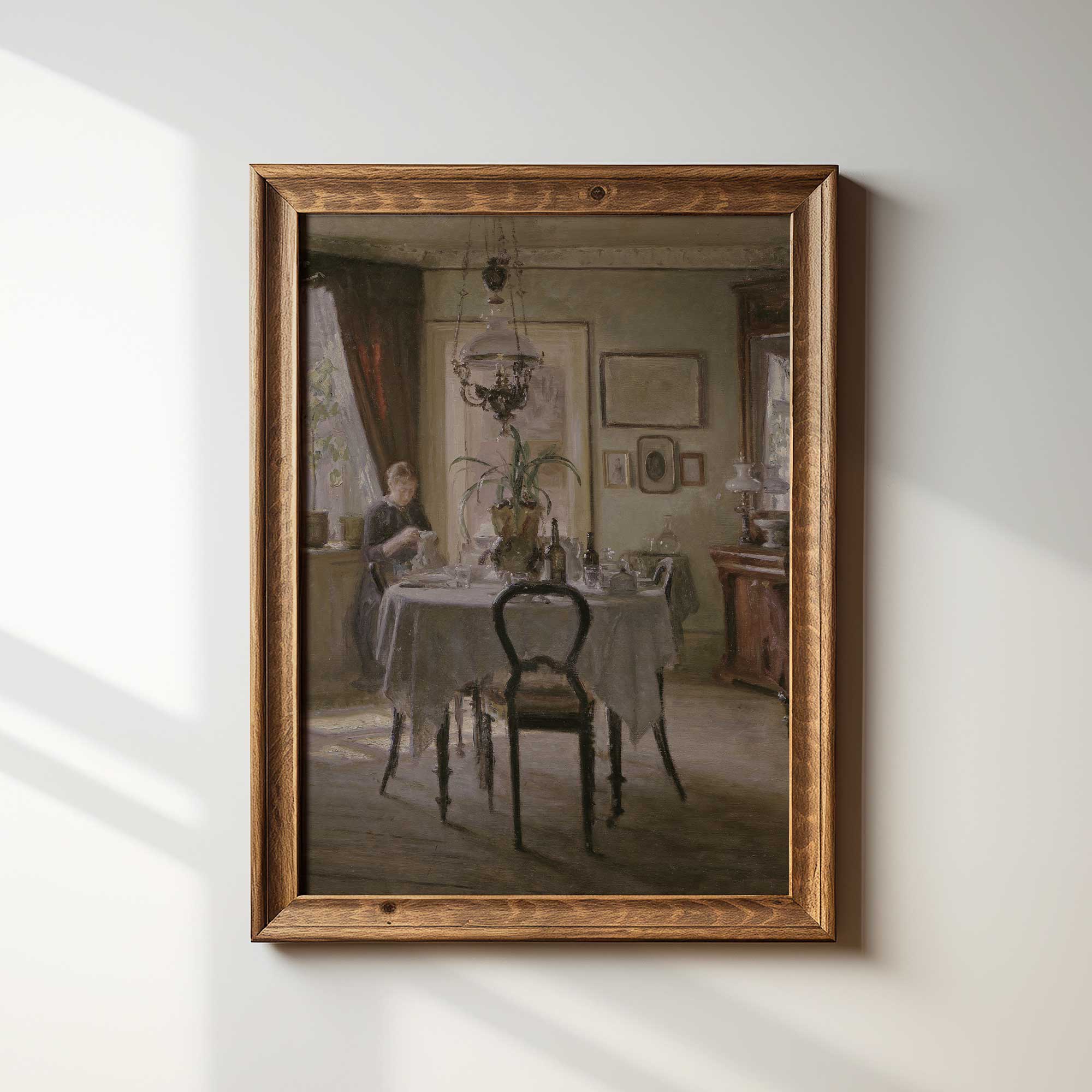 Rustic farmhouse wall art showing a vintage dining room with woman near the window