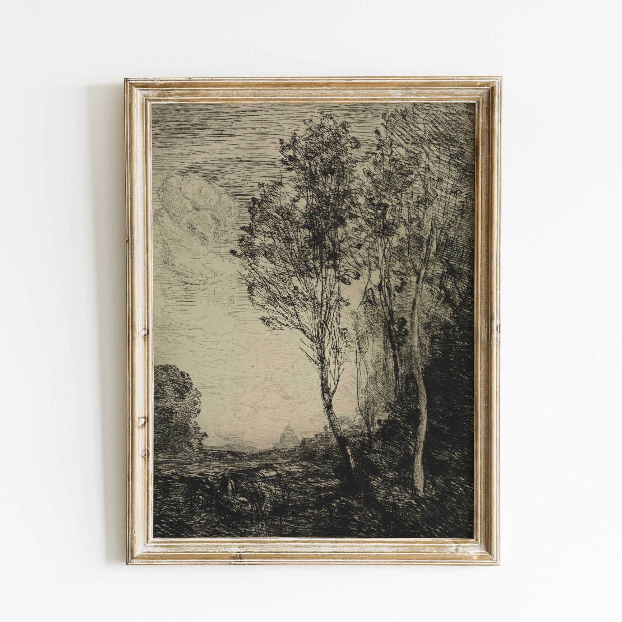 Vintage Landscape Etching Print