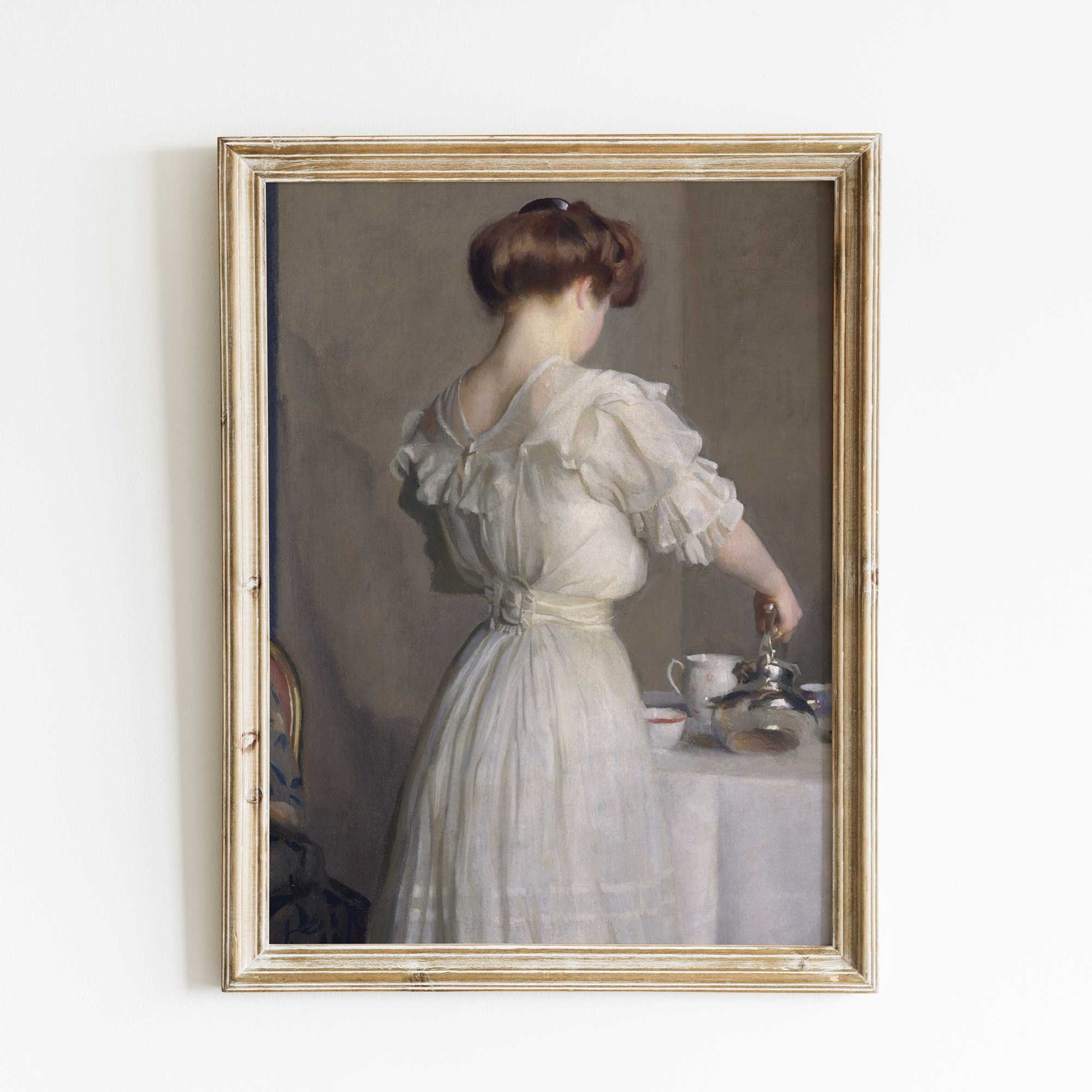 Woman Pouring Tea: Vintage Portrait Print