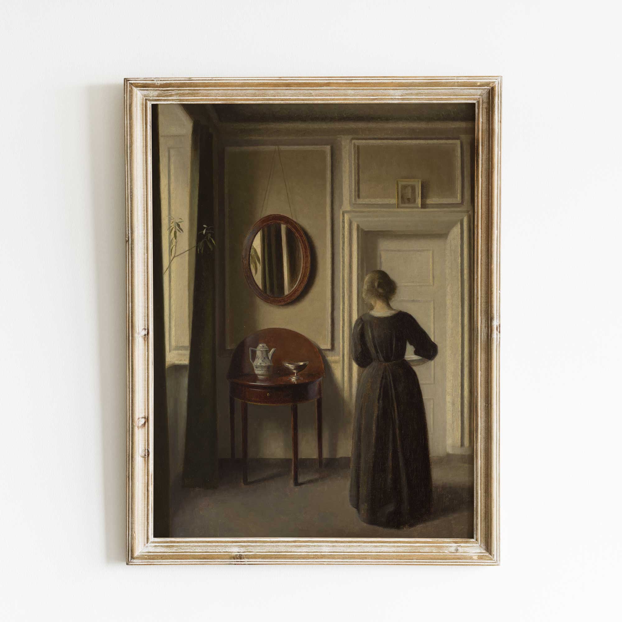 Contemplative Portrait: Woman with Tray in Vintage Interior