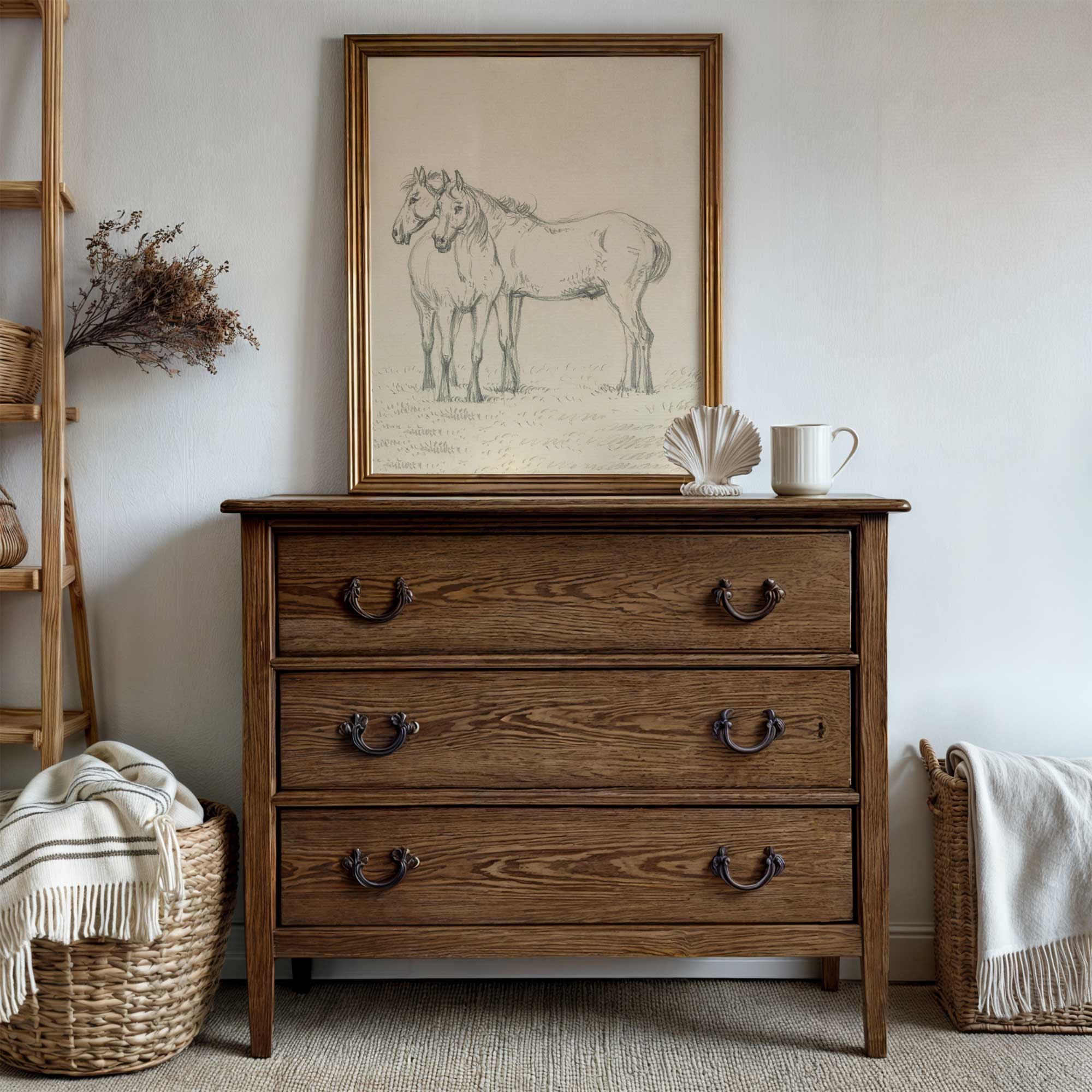 Wooden dresser with framed horse artwork on a white wall