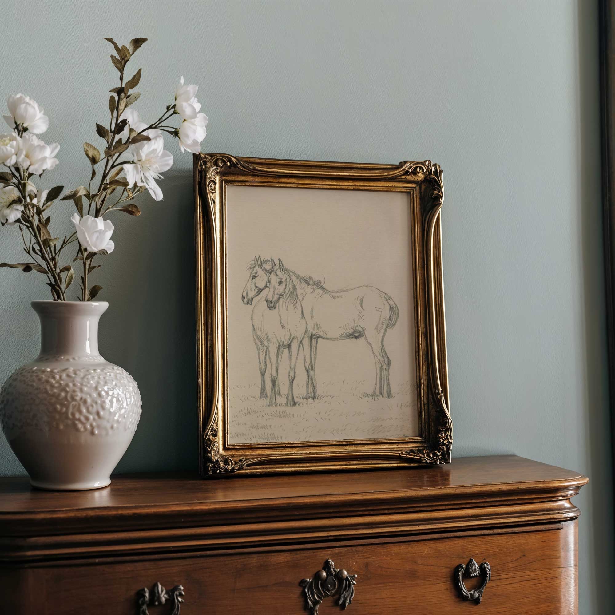 Framed drawing of two horses on a wooden surface with a vase of flowers.
