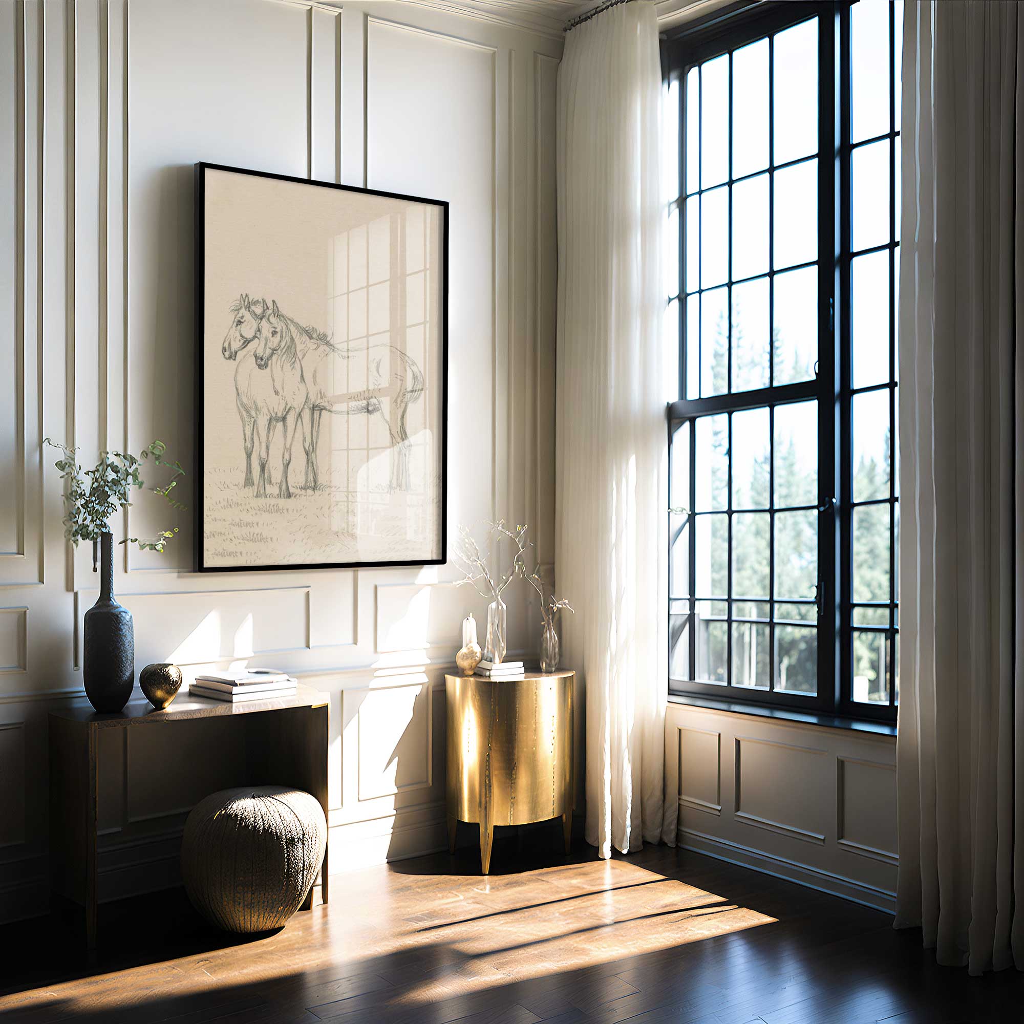 Modern interior with a desk, framed artwork, and large window.