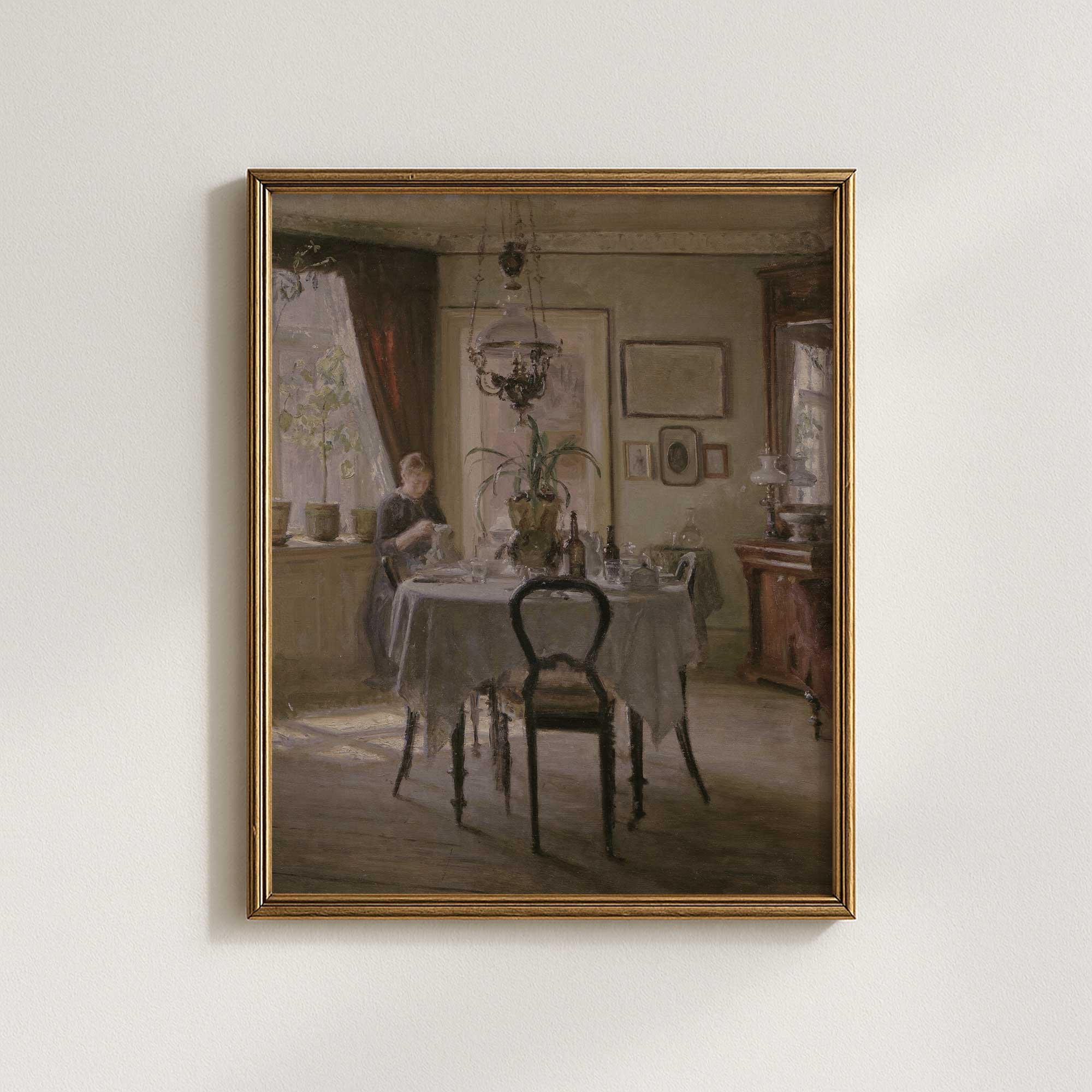 Vintage dining room print featuring a woman at the window in an antique farmhouse interior