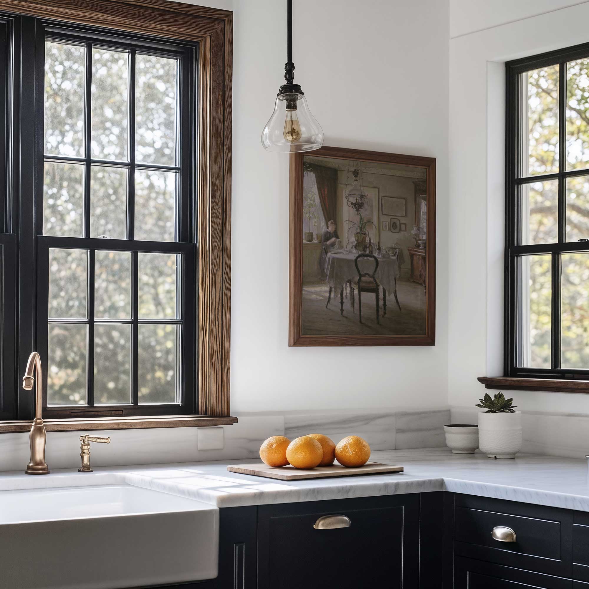 Vintage dining room print displayed in a bright farmhouse kitchen with rustic wood accents