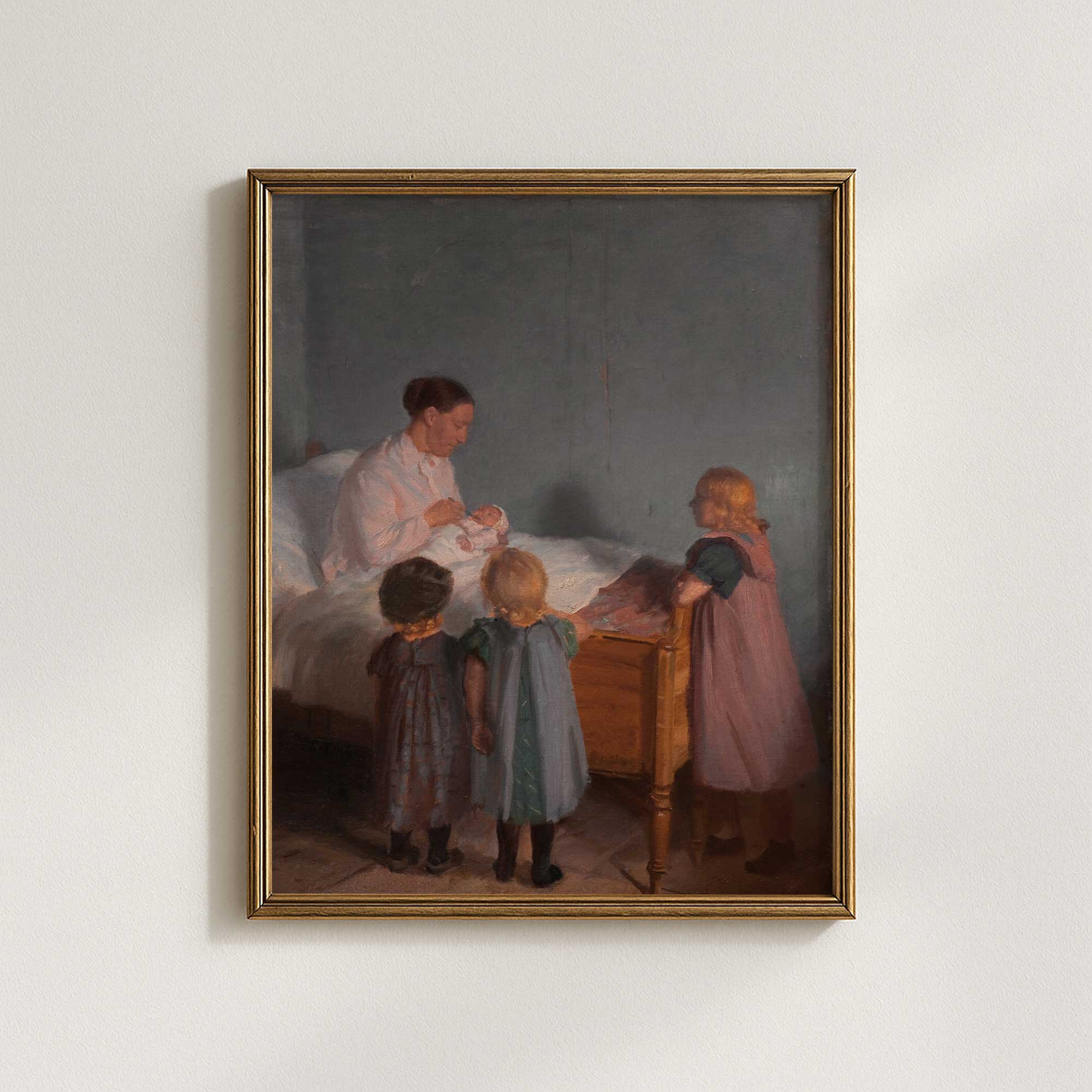 Vintage Mother & Newborn print featuring a mother holding her baby while three children gather around in a quiet family scene