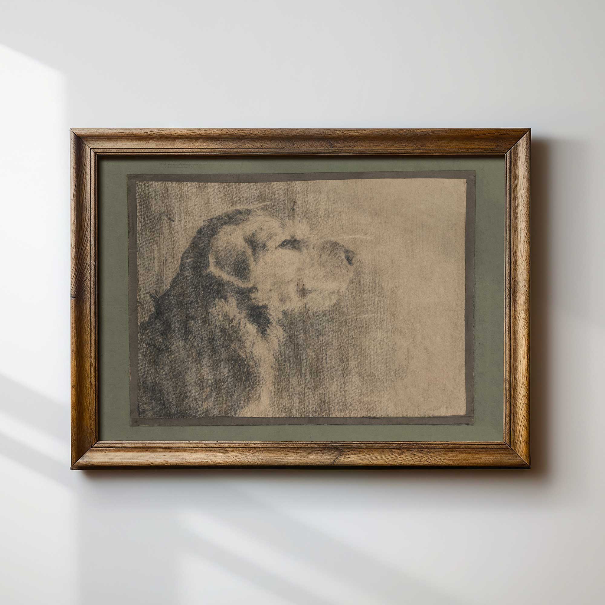 Framed artwork of a dog's head on a white wall