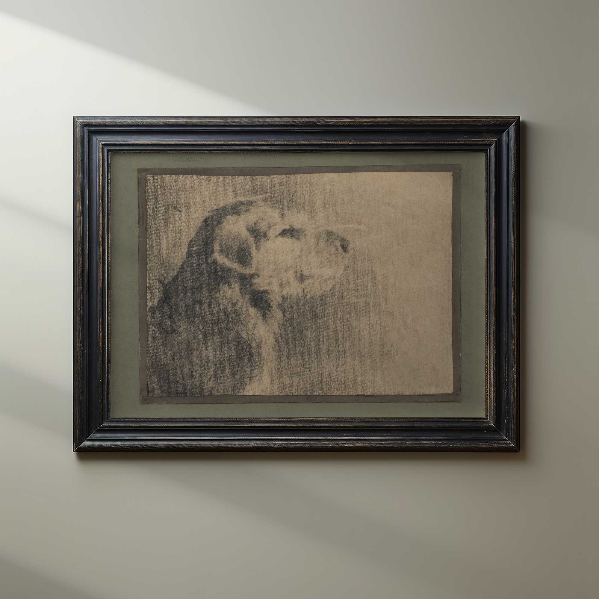 Framed artwork of a dog on a beige wall
