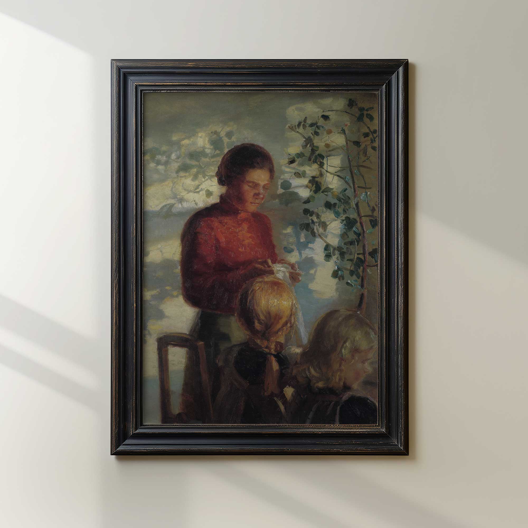 Country farmhouse wall art featuring a woman instructing two girls during a sewing lesson.