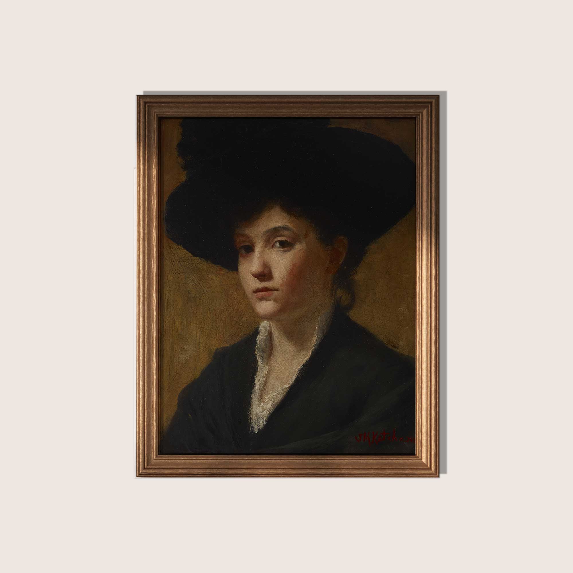 Antique Moody Portrait Print of a Lady with a Hat - Hartsholme Prints