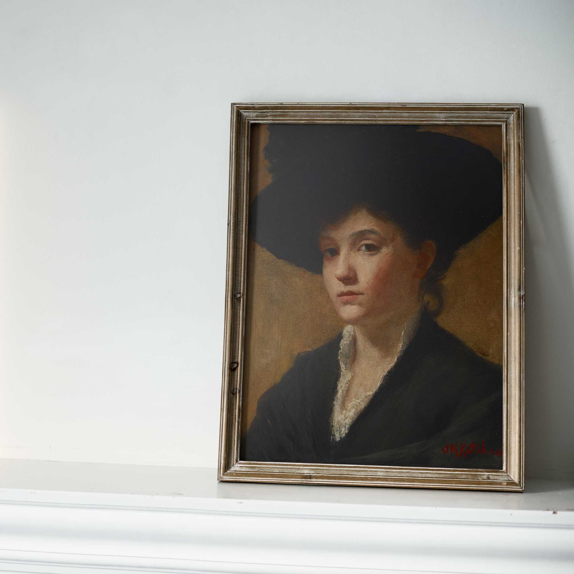 Antique Moody Portrait Print of a Lady with a Hat - Hartsholme Prints