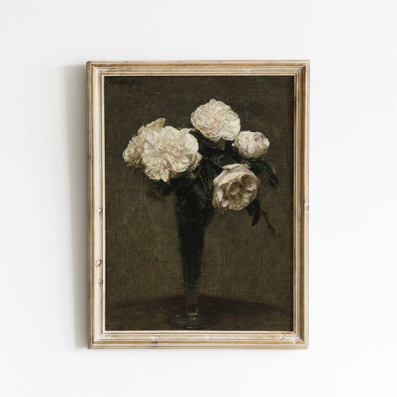 French Dark Moody Roses in Vase Painting - Hartsholme Prints