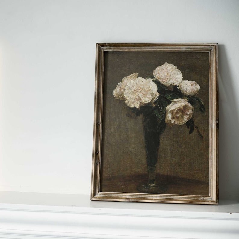 French Dark Moody Roses in Vase Painting - Hartsholme Prints