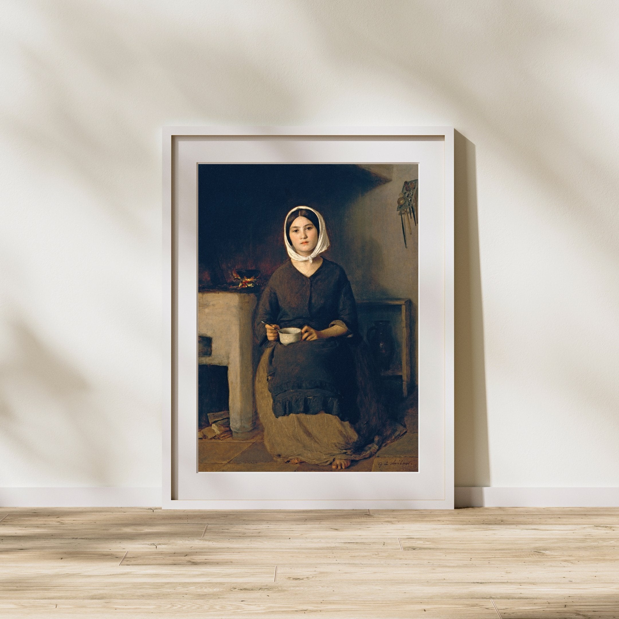 Seated woman in a Farm Kitchen, Country Female Portrait Print - Hartsholme Prints