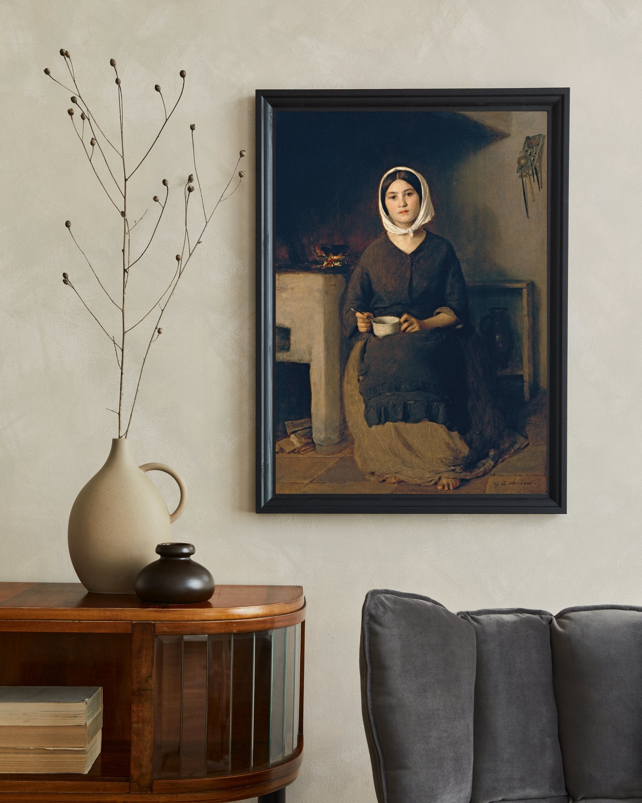 Seated woman in a Farm Kitchen, Country Female Portrait Print - Hartsholme Prints