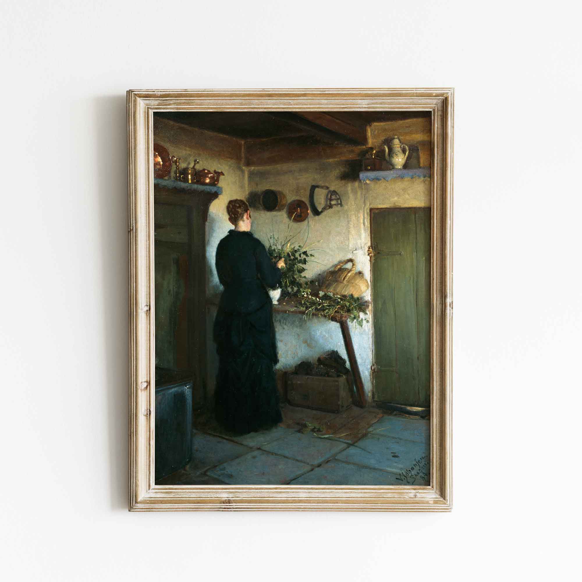 Vintage Portrait: Lady arranging flowers in the kitchen - Hartsholme Prints
