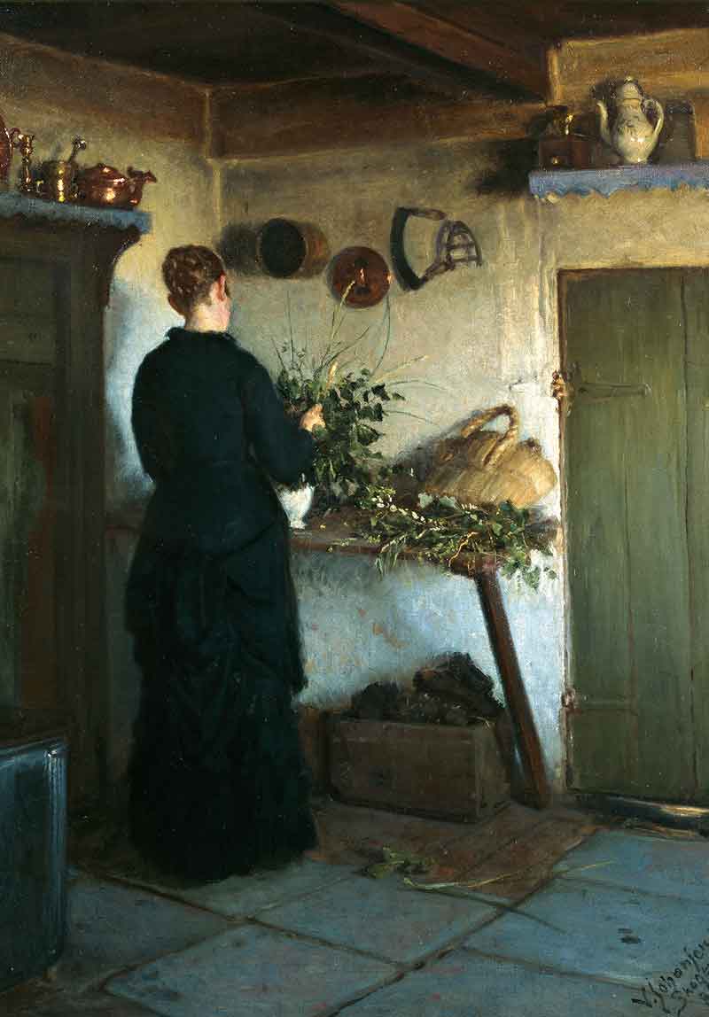 Vintage Portrait: Lady arranging flowers in the kitchen - Hartsholme Prints