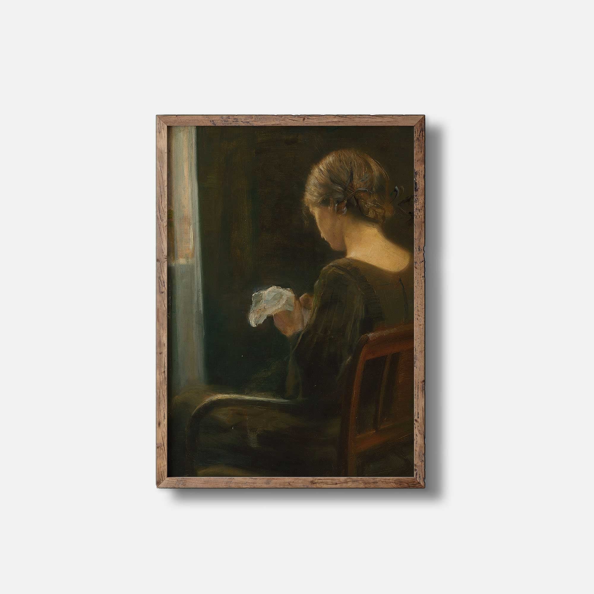 Vintage Portrait Print, Woman Sewing at the Window - Hartsholme Prints