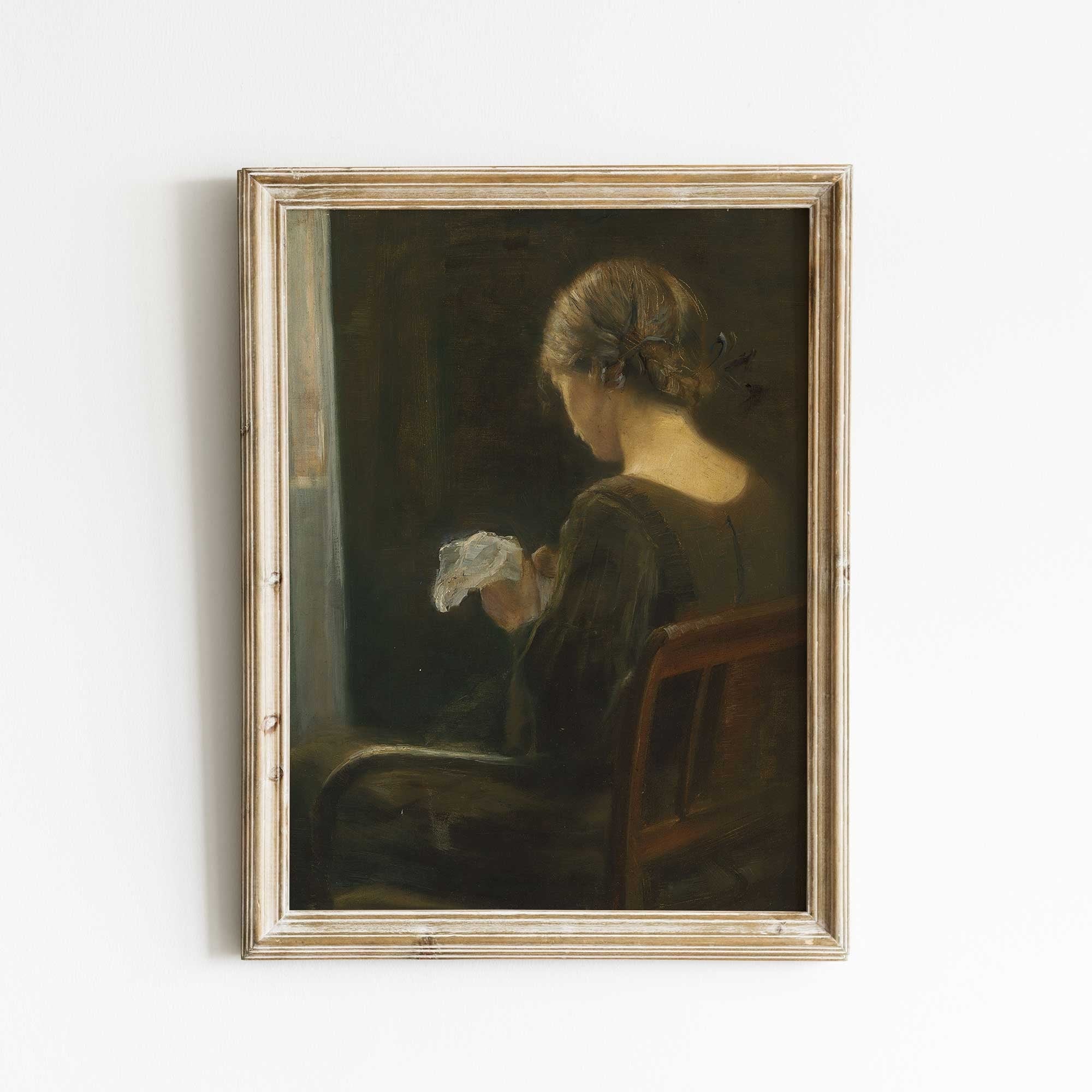 Vintage Portrait Print, Woman Sewing at the Window - Hartsholme Prints