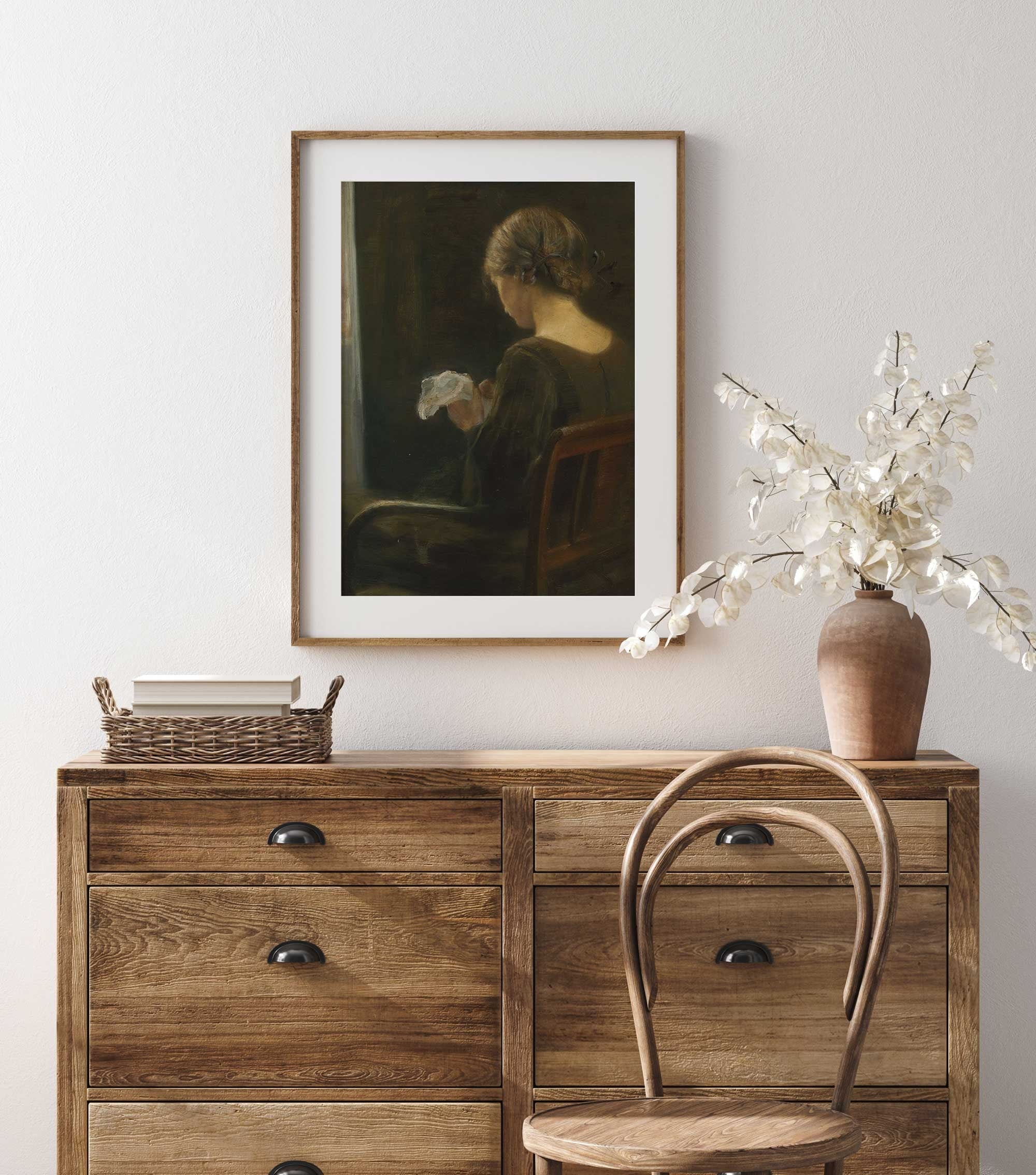 Vintage Portrait Print, Woman Sewing at the Window - Hartsholme Prints