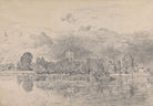 Vintage Sketch Print of a Church Across the River - Hartsholme Prints