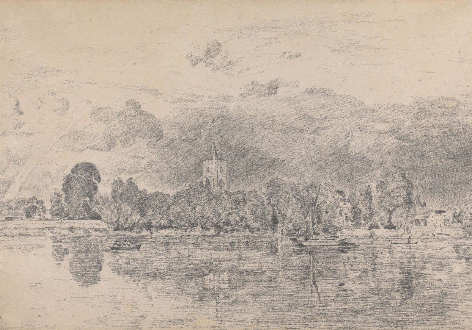 Vintage Sketch Print of a Church Across the River - Hartsholme Prints