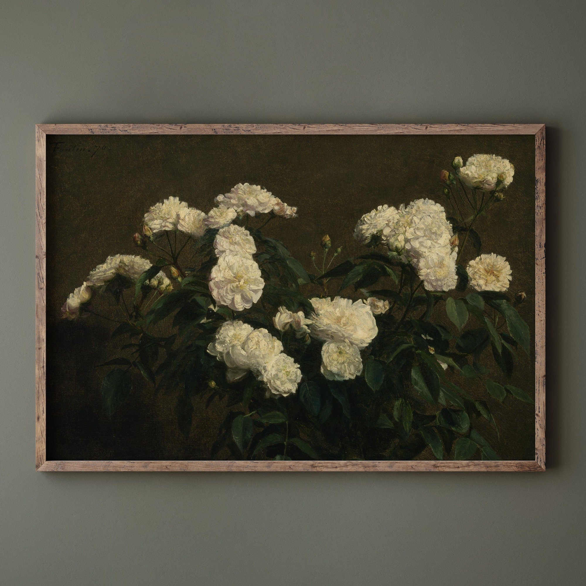 Vintage Still Life White Roses, Dark Moody Flower Print - Hartsholme Prints