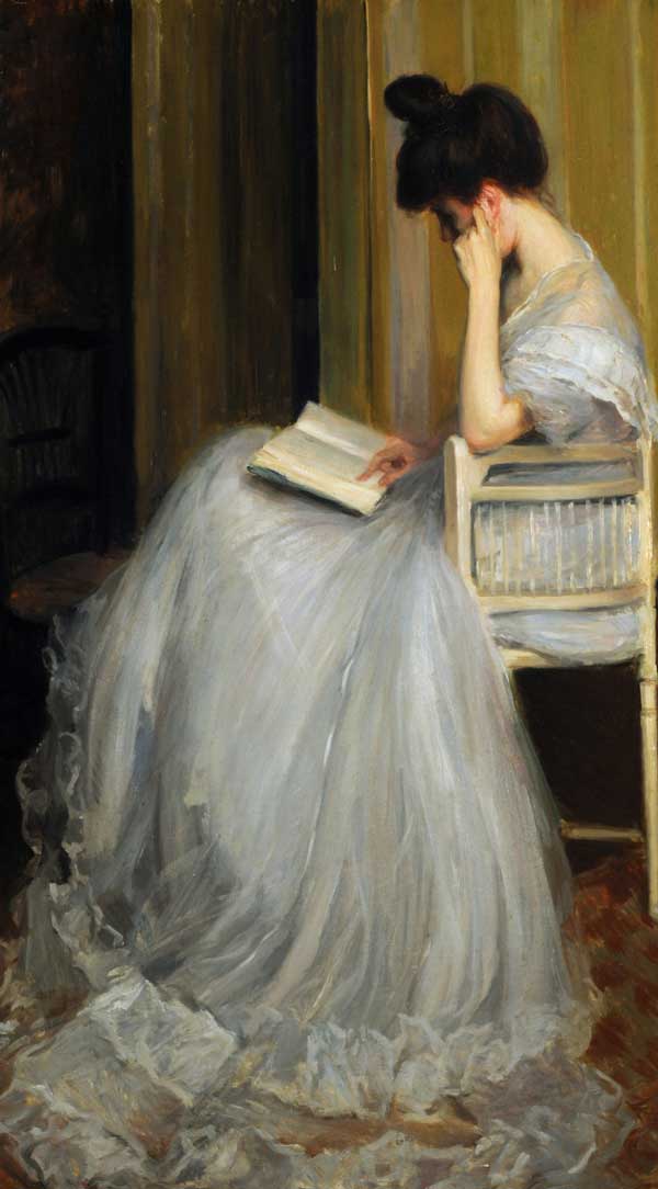 Painting of a woman in a white gown reading a book representing portrait and landscape prints