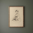 Classic sketch of girl holding cat, fine art print.