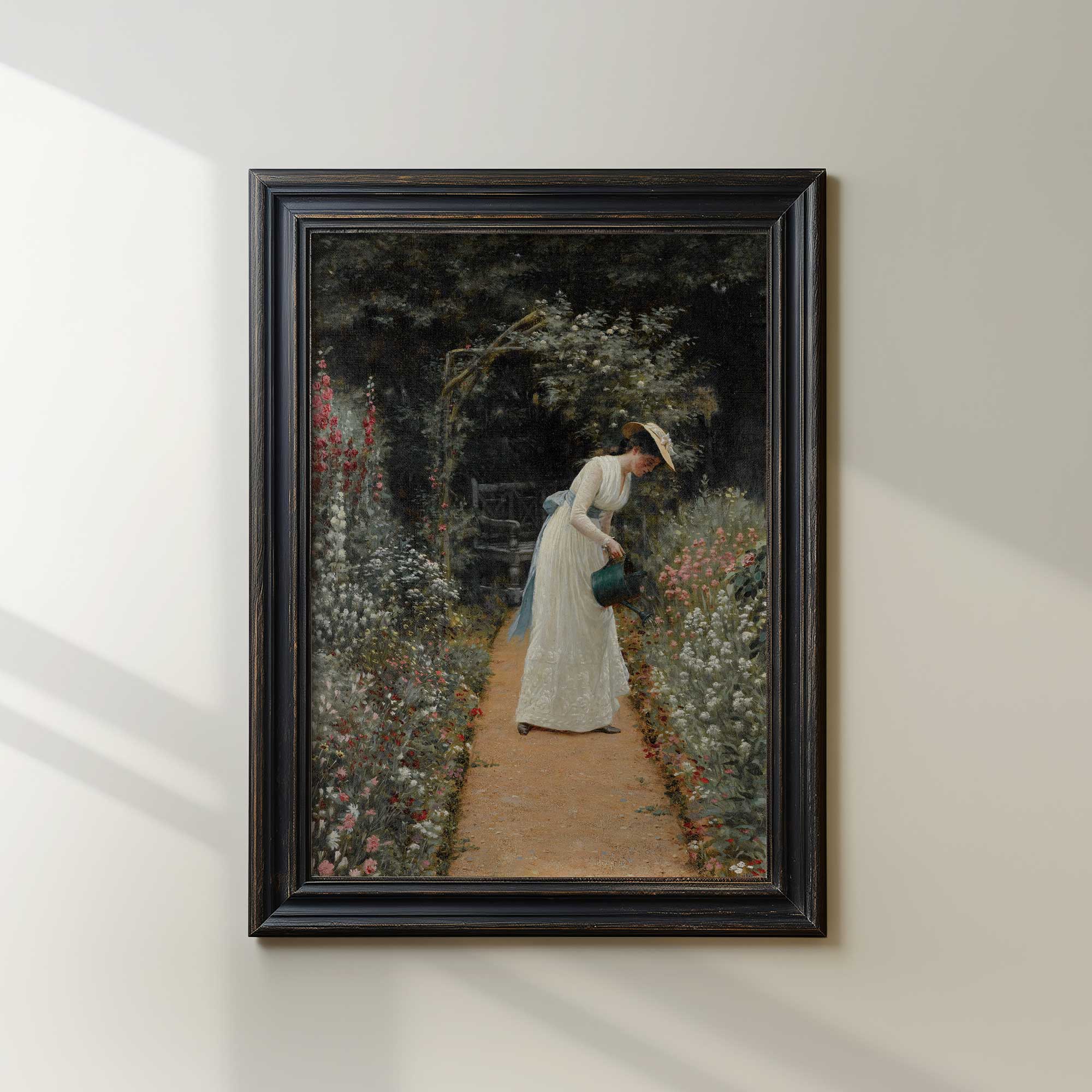 Vintage Portrait Painting, Women Watering Flowers