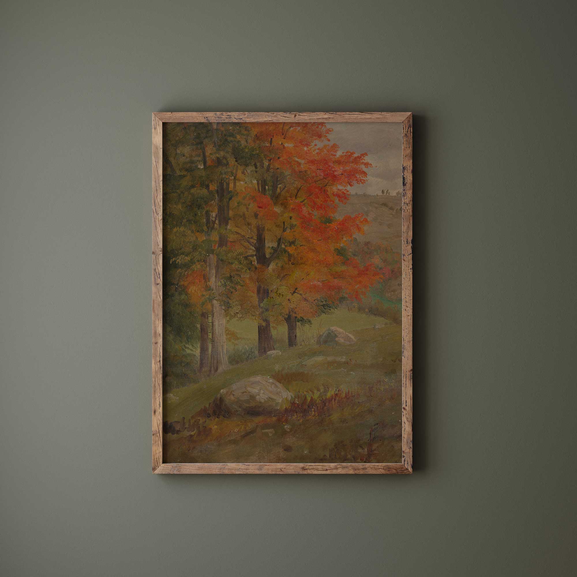 Autumn forest landscape with vibrant red and orange trees.