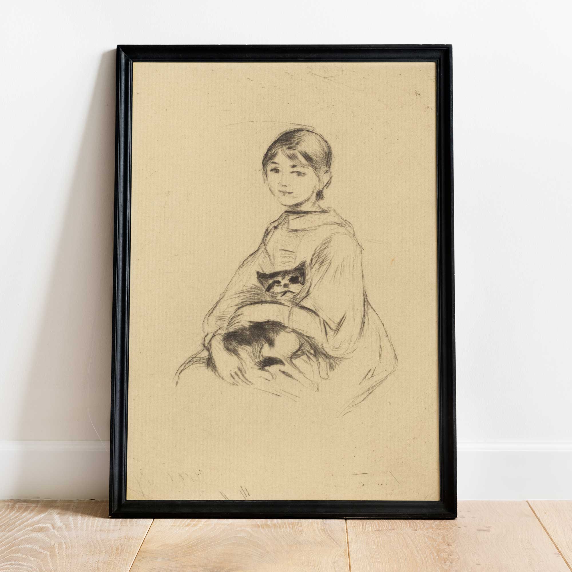 Classic sketch of girl holding cat, fine art print.