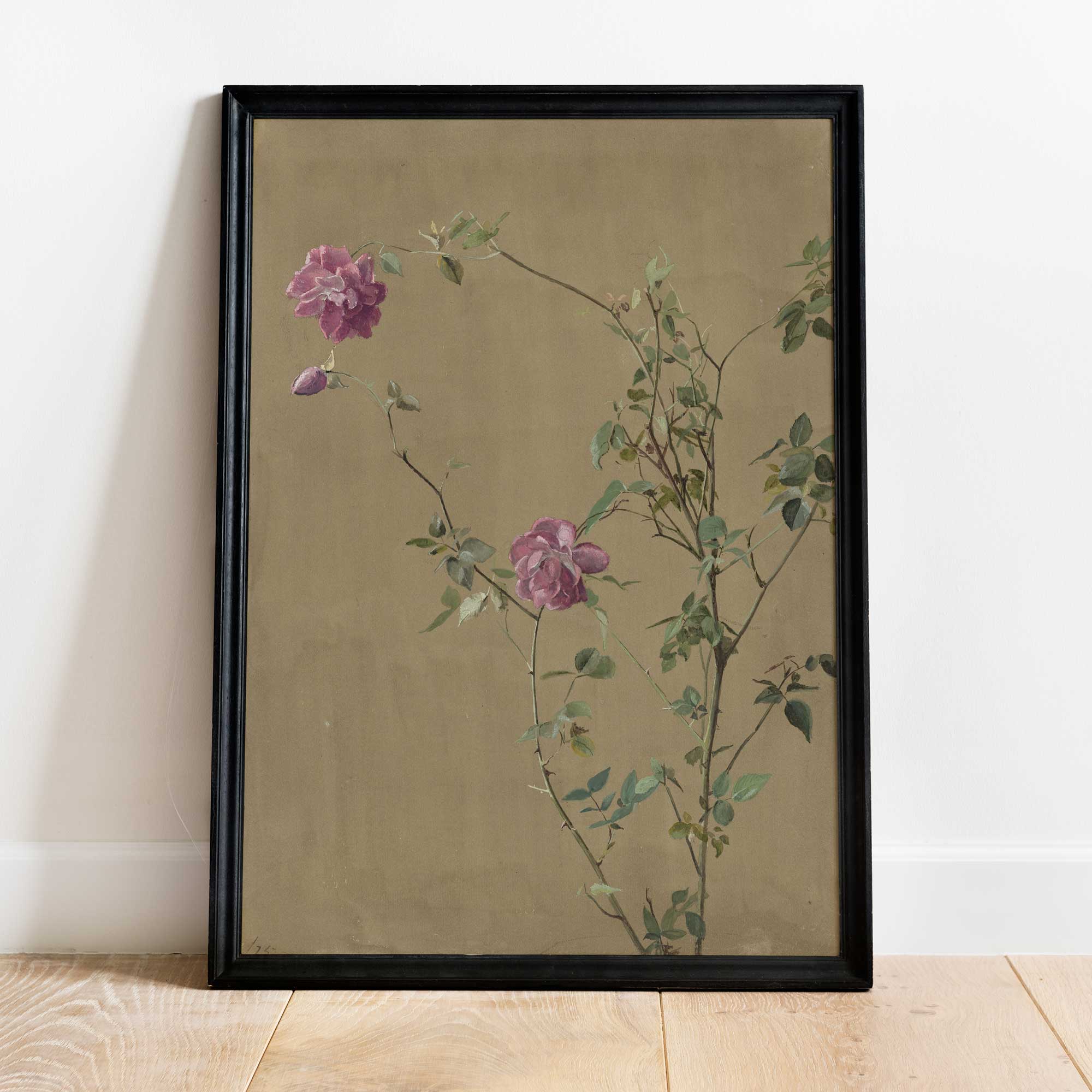 Pink roses on a branch, 1875 by Fidelia Bridges, printed by Hartsholme Prints.