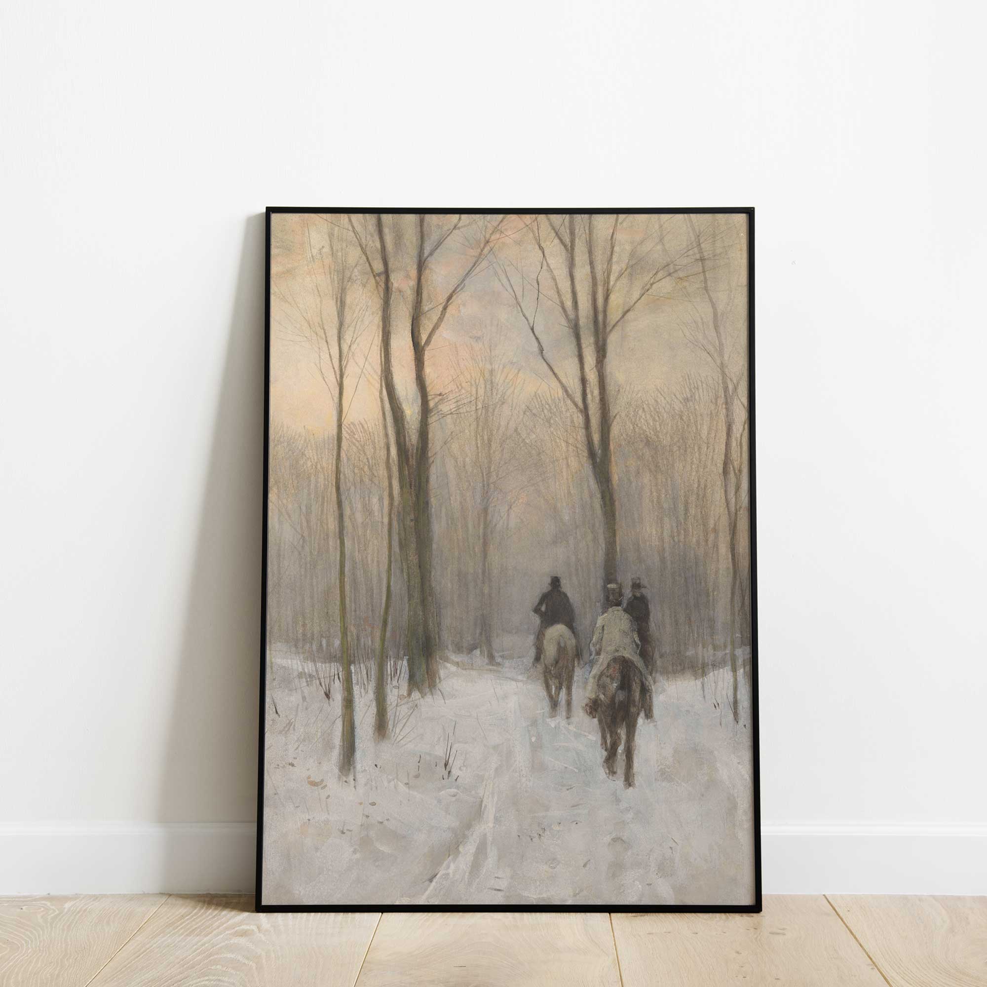 Framed artwork of a winter scene with people on horseback walking through a snowy forest.