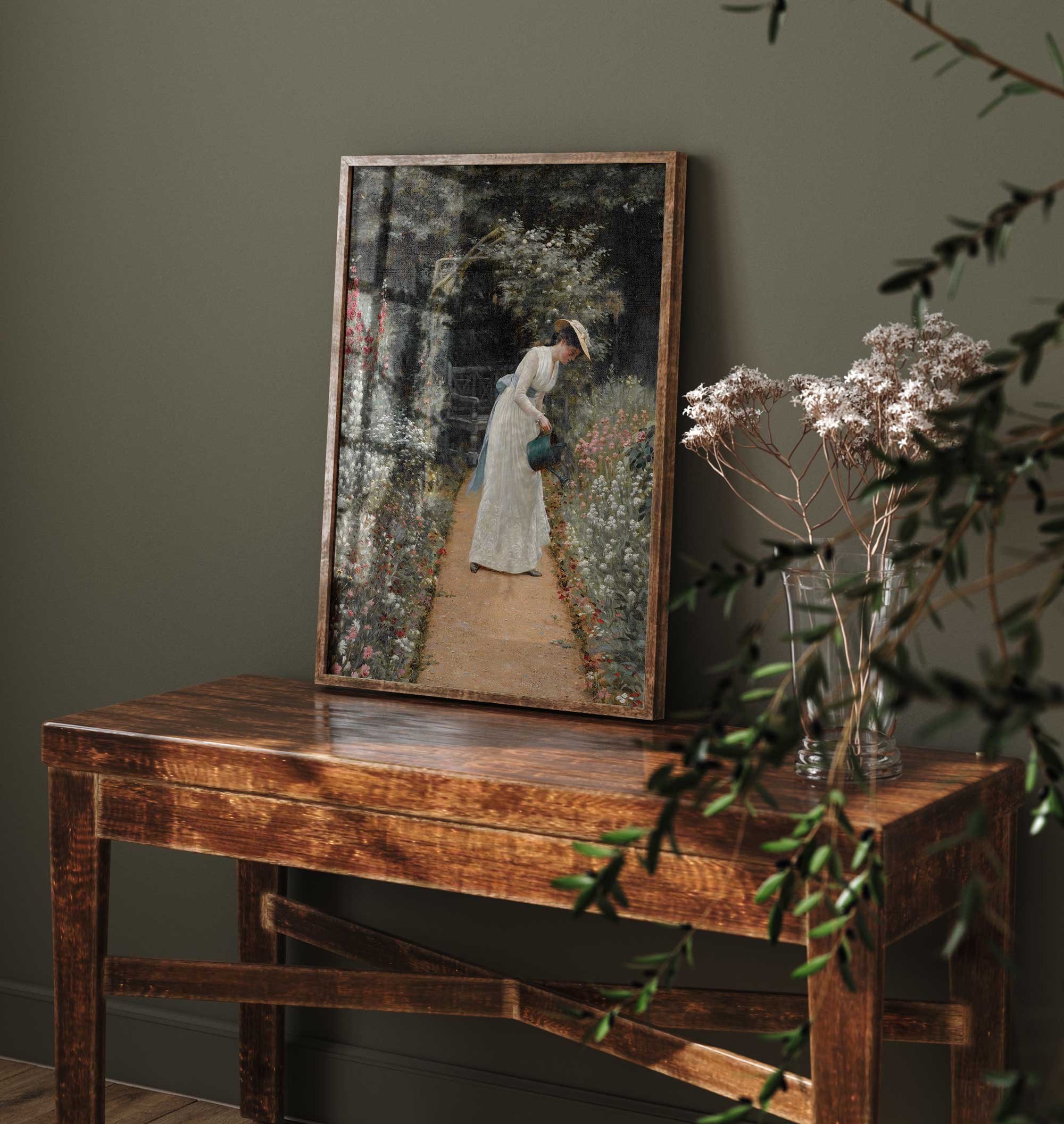 Vintage Portrait Painting, Women Watering Flowers