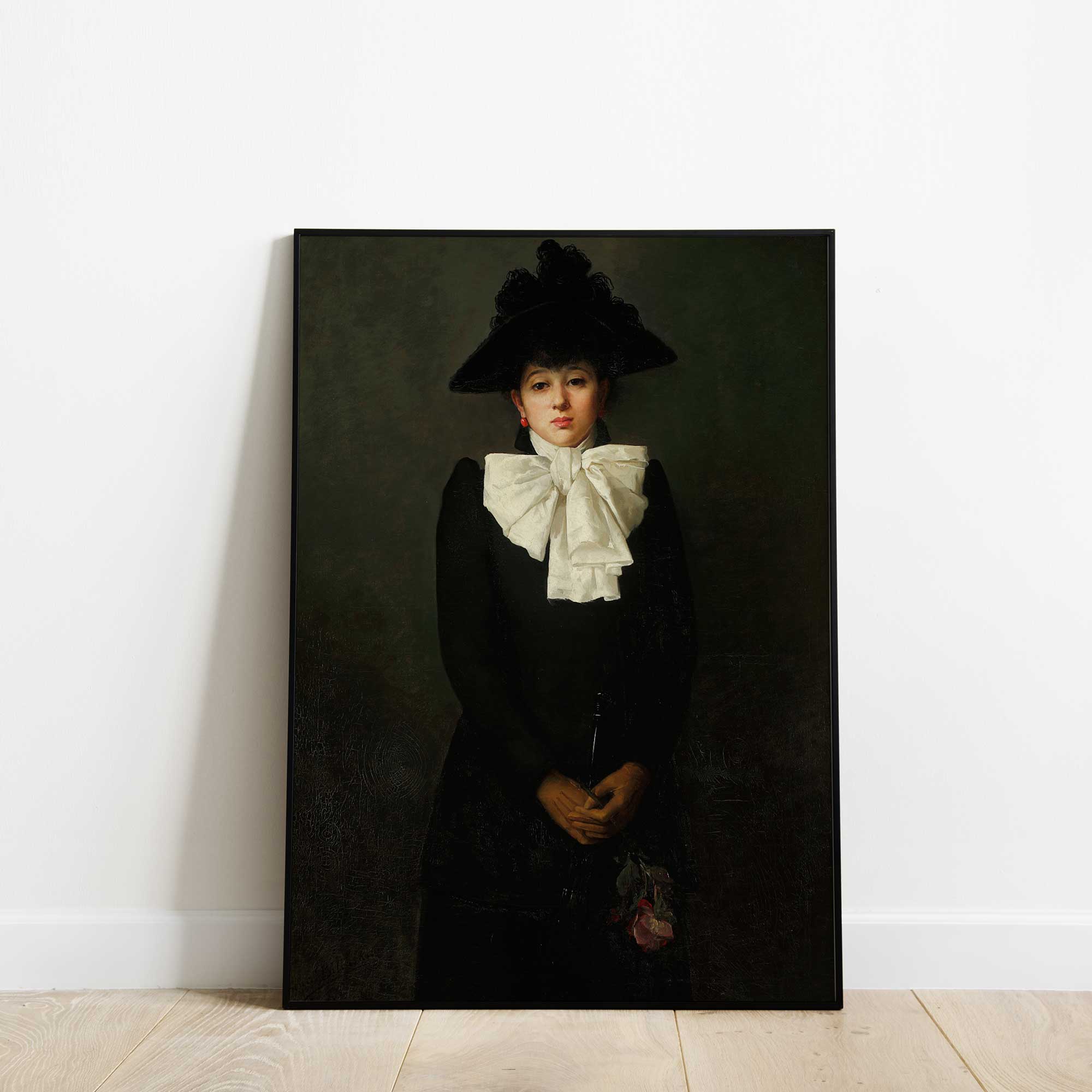 Moody Victorian woman portrait with rose, antique oil painting print