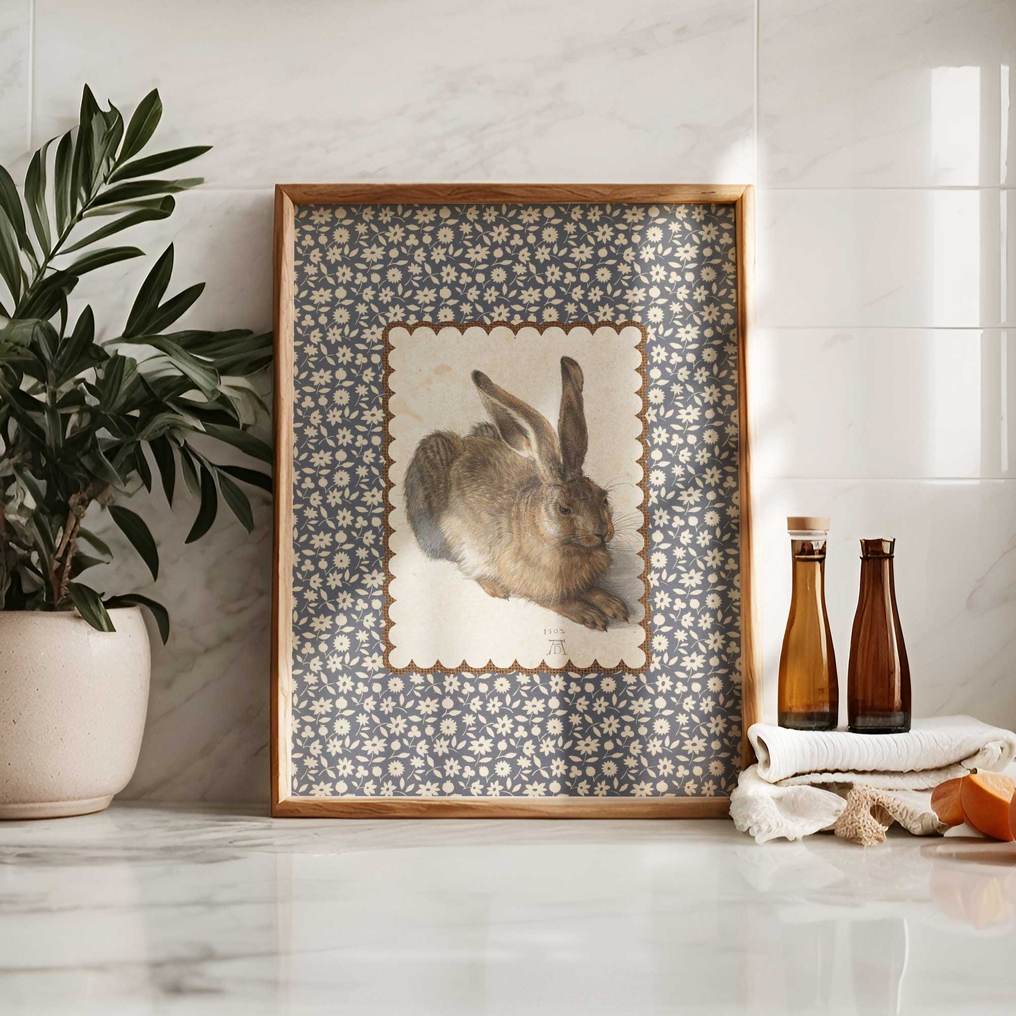 Decorative rabbit wall print in a warm cottage-style setting.