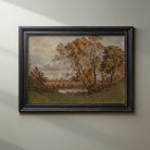 Framed autumn vintage landscape print  of trees and a lake on a beige wall