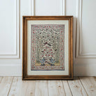 intage bird and floral patterned textile print with bamboo and peonies in rustic interior.