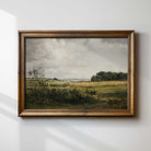 Framed Rustic Landscape Print of Golden Fields and Sunlit Clouds 