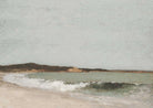 Coastal scene with waves and sandy beach, possibly a painting.