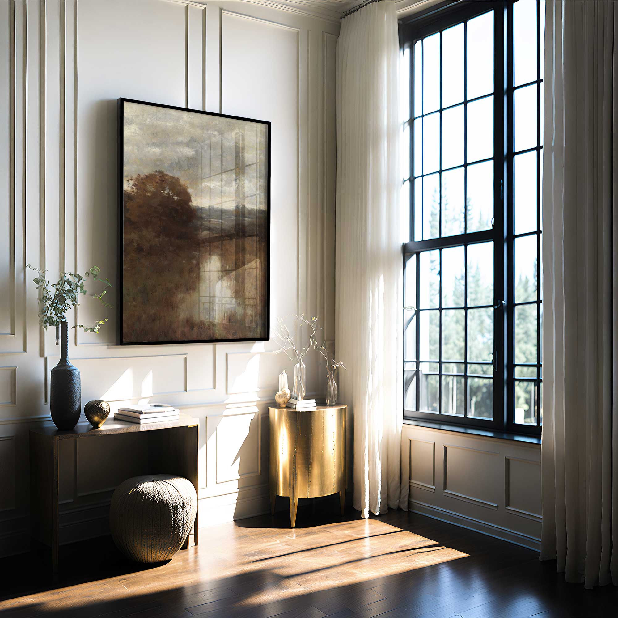 Modern interior with a large window, gold side table, and framed Rustic Landscape  artwork.