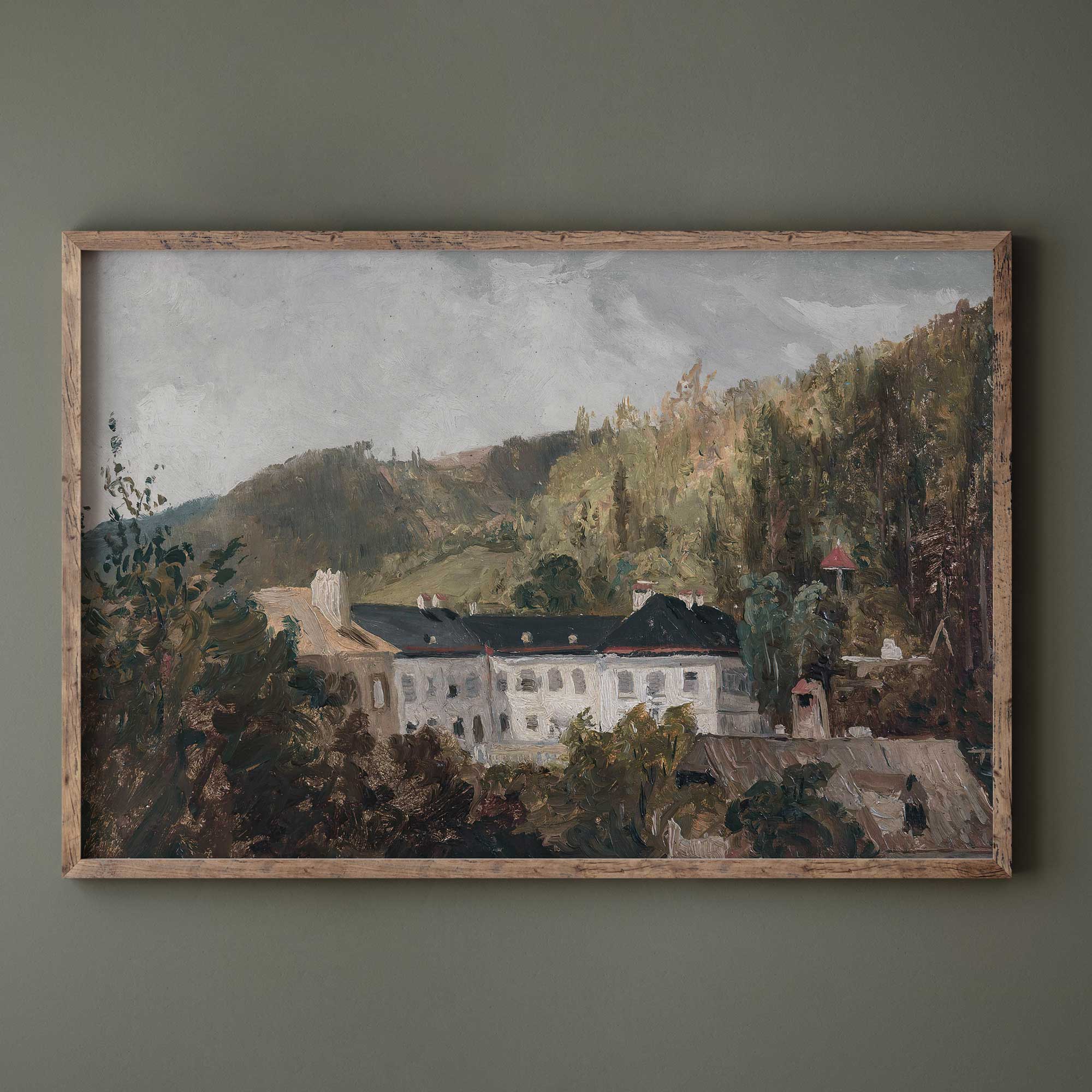 Framed painting of a Vintage Estate with a building and trees on a green wall.
