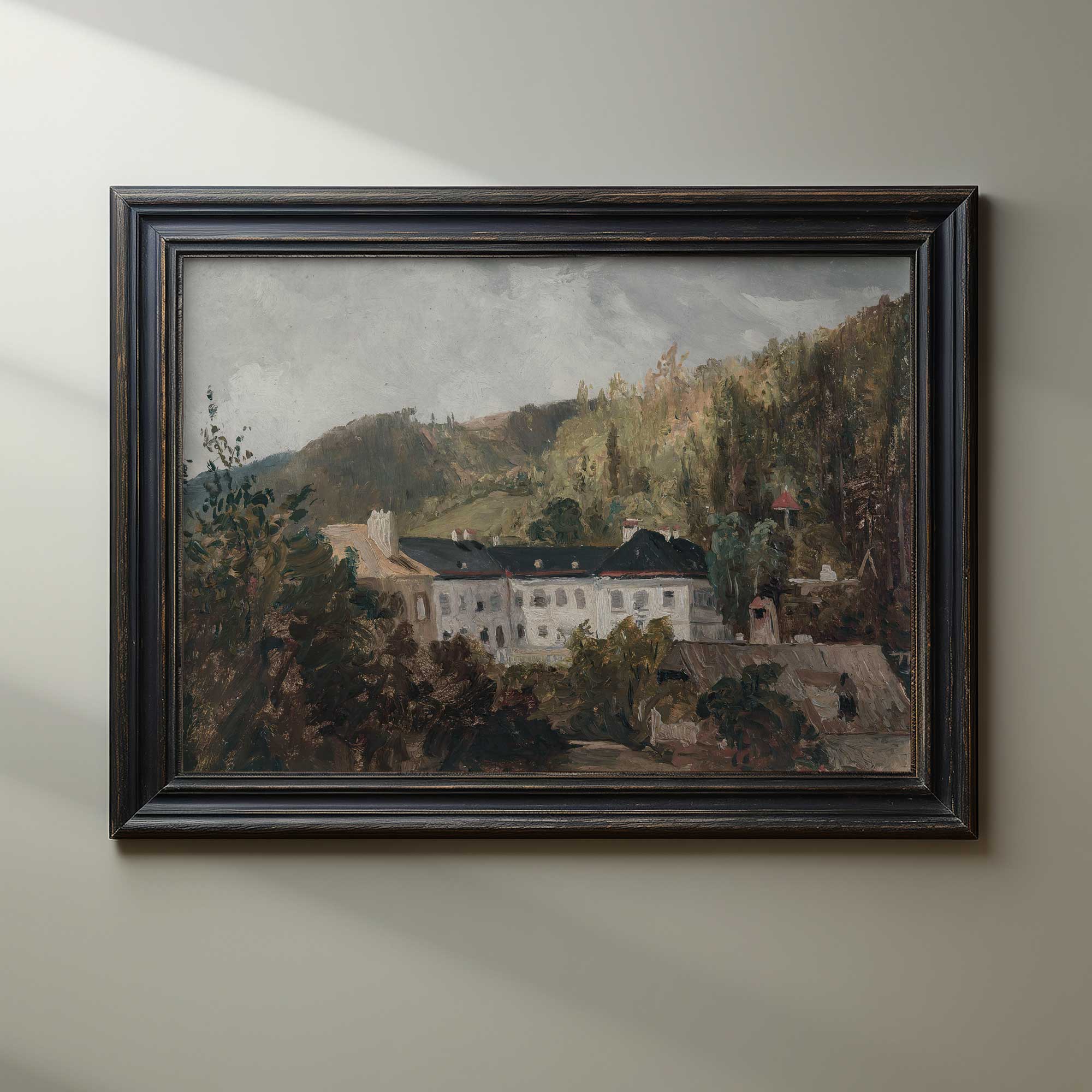  Rustic Landscape Wall Art with trees and a building on a wall