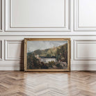 Framed painting of a  European Manor in Woodland  with a building on a wall with decorative paneling.
